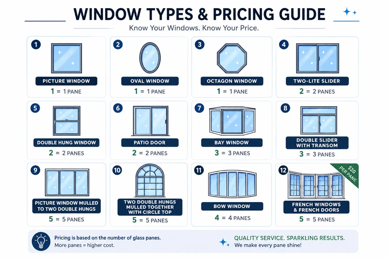 Visual guide showing different window types and their pane counts for pricing
